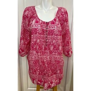 JMS Women's Tunic Top Pink White Floral Plus Sz 2X Cinch Waist 3/4 Sleeve